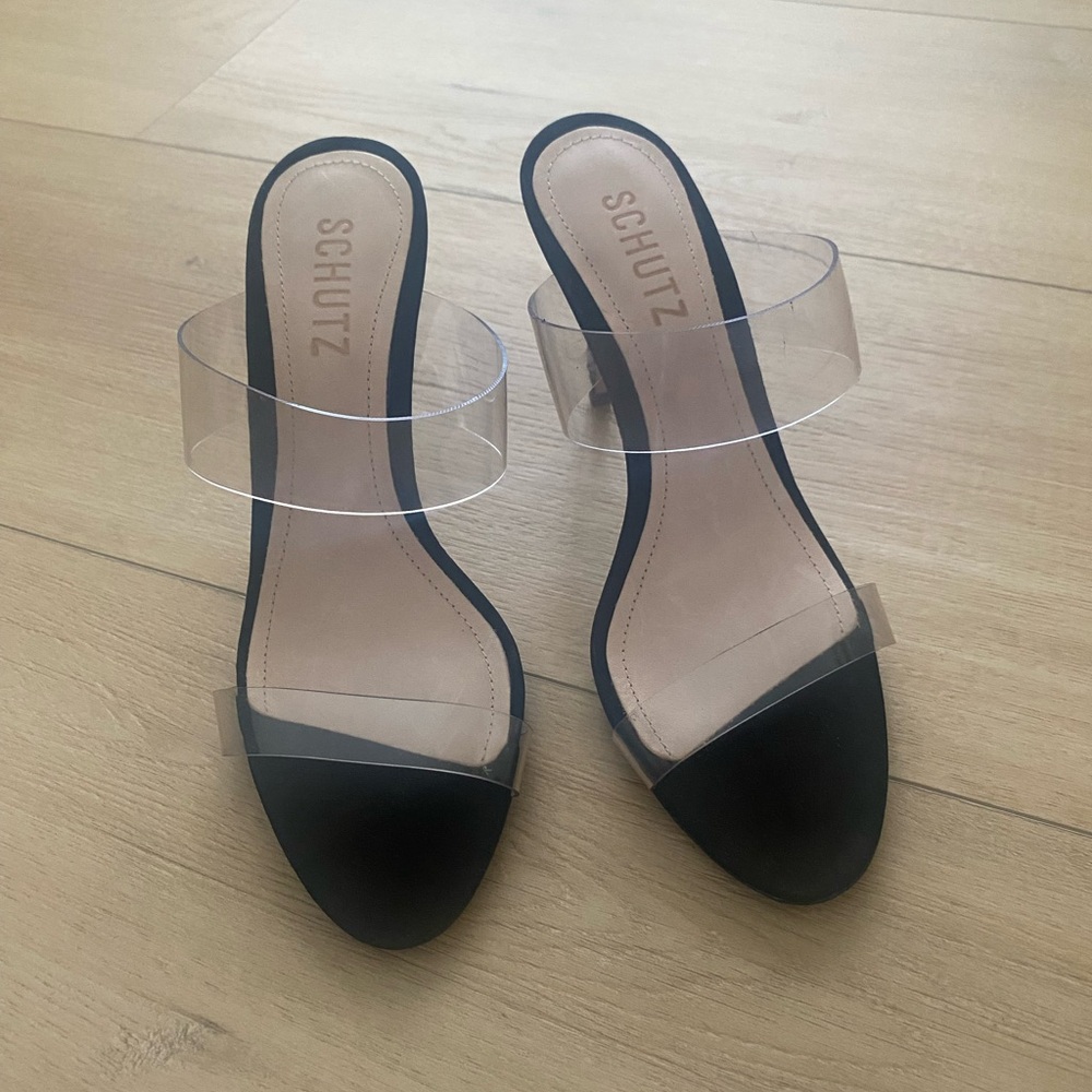 Schutz Black and Clear Sandals Heels